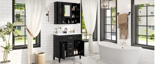 English Elm 36'' Mirror Cabinet with 3 Doors — Wall-Mounted Bathroom Storage Unit, MDF & Pine, Spacious Shelves Black N725P346902B