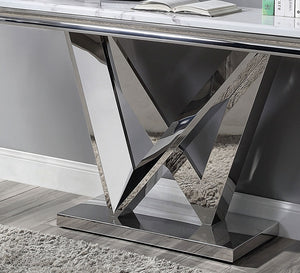 English Elm Glam Luxurious Sofa Table with Faux Marble Beveled Top and Curved Pedestal Base for Elegant Living Rooms Chrome 59 L x 20 W x 4 H B2741S00435