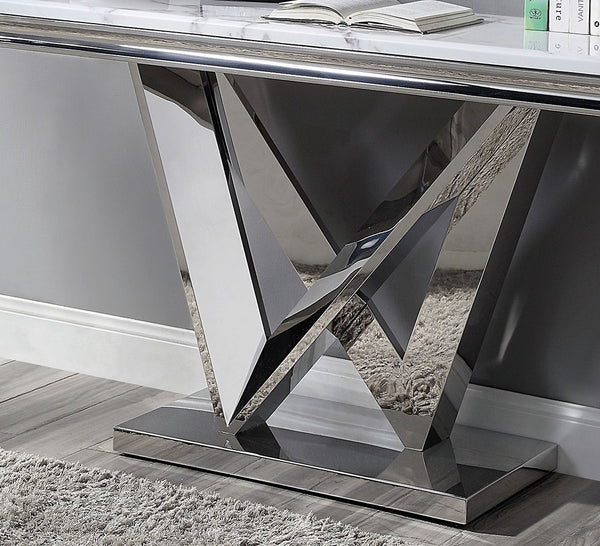 English Elm Glam Luxurious Sofa Table with Faux Marble Beveled Top and Curved Pedestal Base for Elegant Living Rooms Chrome 59 L x 20 W x 4 H B2741S00435