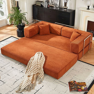 English Elm Convertible Corduroy Floor Sofa with Folding Sleeper and Bolster Pillow for Apartments Orange W5638P460470