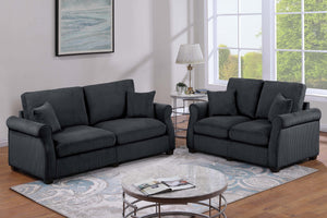 English Elm Black Corduroy Upholstered Sofa and Loveseat Set for Contemporary Living Rooms Black B011S02183