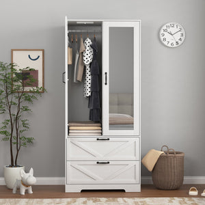 English Elm 2 Door White Wardrobe Closet with Mirror Hanging Rod Drawers and Auto Interior Light W409P167477
