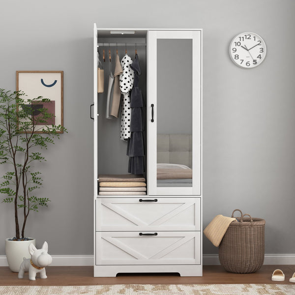 English Elm 2 Door White Wardrobe Closet with Mirror Hanging Rod Drawers and Auto Interior Light W409P167477