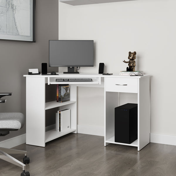 English Elm EKKO L-Shaped Corner Computer Desk with Drawer, Shelves & CPU Compartment, Scratch-Resistant Workstation White 51.97 L x 29.13 W x 3.15 H B128P387079