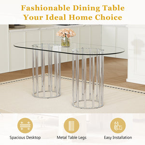 English Elm Table and Chair Set Oval Tempered Glass Top Six Seat Contemporary Dining Light Gray,Silver,Transparent W1151S04742