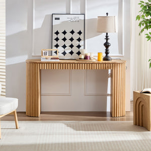 English Elm 59.05'' Matte Finish Console Table Curved Top Striped Legs Slim Entryway Foyer Natural W876P439955