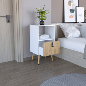 English Elm Kimball Modern Tall Nightstand in White Macadamia with Drawer, Open Shelf and Wooden Legs – Stylish B128P176118