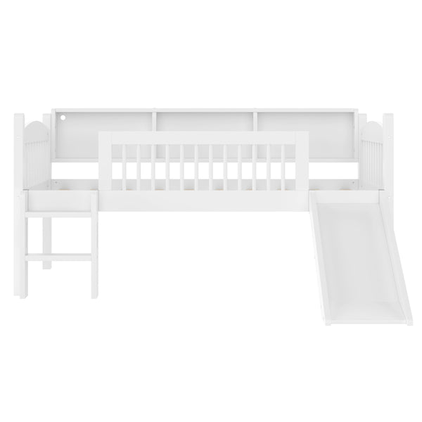 English Elm Twin Low Loft Bed Solid Pine Frame with Built-in Led Lighting and Storage Shelves Light White W1580P395928
