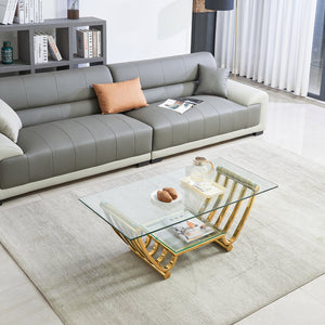 English Elm 47" Modern Rectangle Coffee Table With Double-Layer Glass Shelves, Stylish Gold Frame & Storage Solution W2978S00013