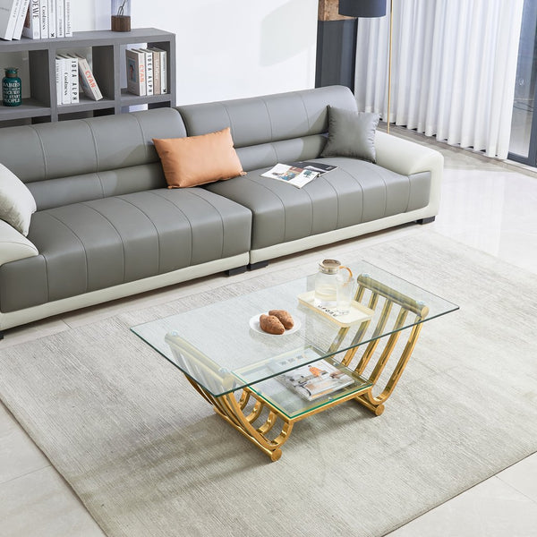 English Elm 47" Modern Rectangle Coffee Table With Double-Layer Glass Shelves, Stylish Gold Frame & Storage Solution W2978S00013
