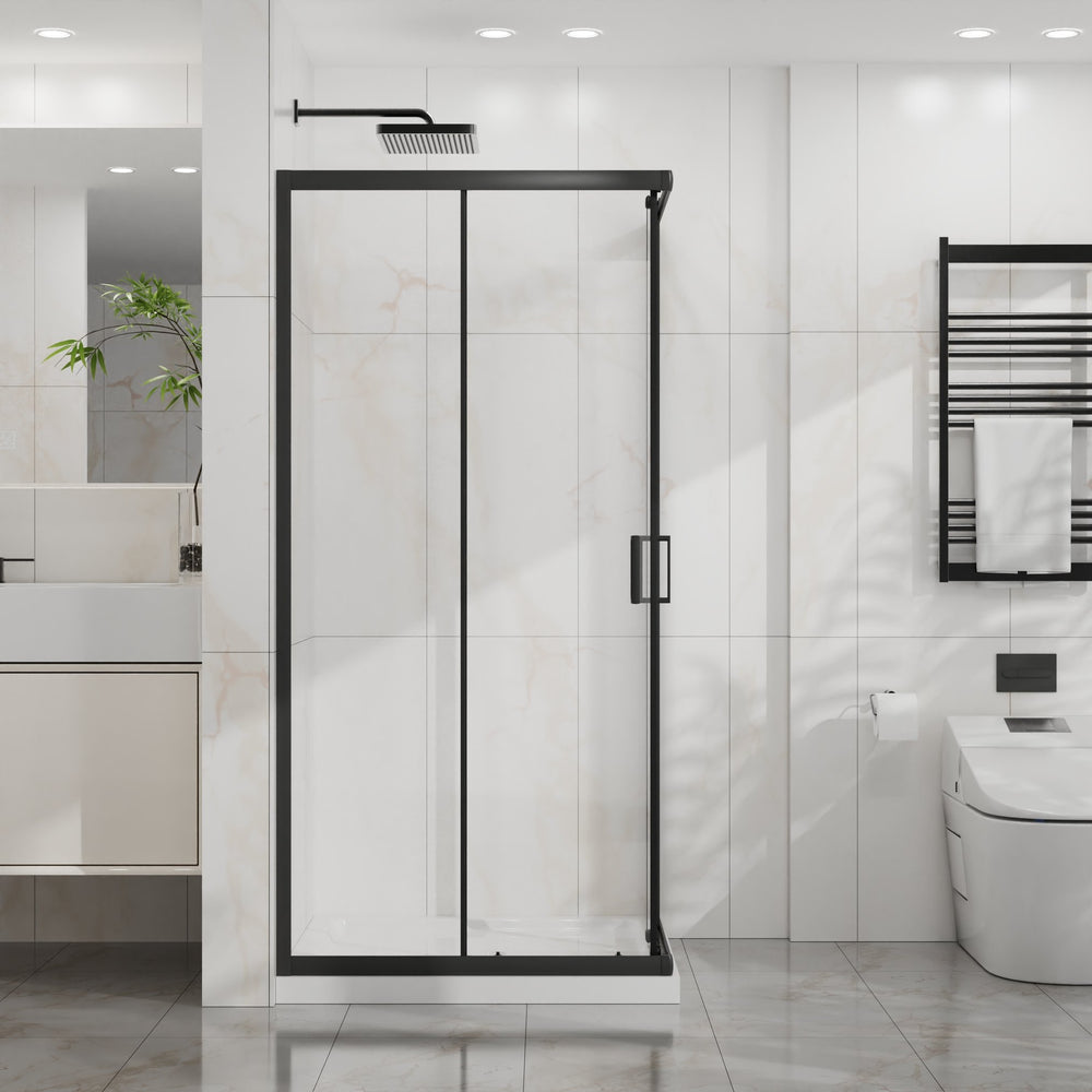 English Elm Goodyo Corner Sliding Shower Enclosure Matte Black Aluminum Clear Tempered Glass D163121902