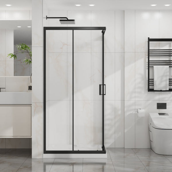English Elm Goodyo Corner Sliding Shower Enclosure Matte Black Aluminum Clear Tempered Glass D163121902