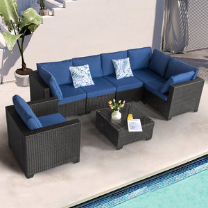 English Elm 7 Pieces Outdoor Sectional Set - Dark Blue PE Rattan Patio Sofa with Glass Table, Cushions, Modular Plan W813S00005
