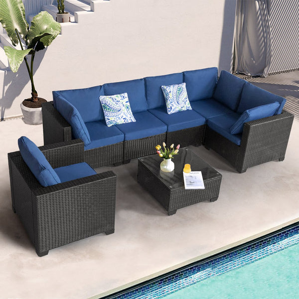 English Elm 7 Pieces Outdoor Sectional Set - Dark Blue PE Rattan Patio Sofa with Glass Table, Cushions, Modular Plan W813S00005