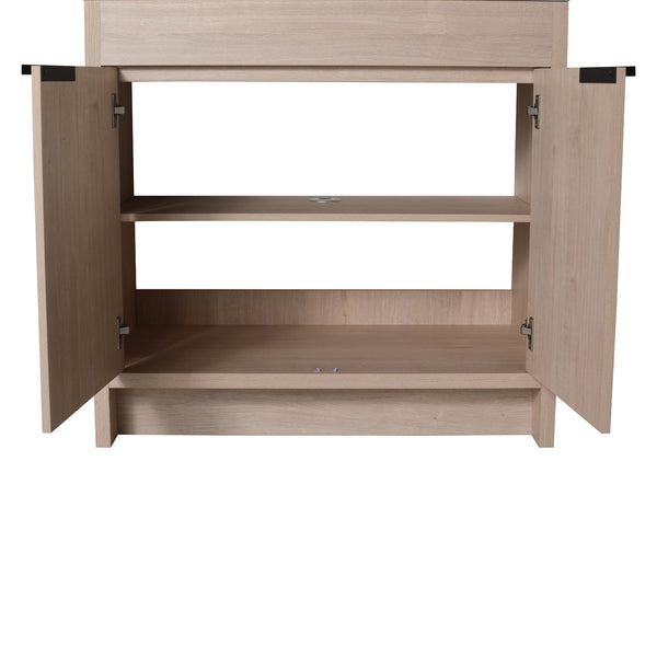 English Elm 36 Inch Freestanding Vanity with White Resin Sink, Soft-Close Doors, Adjustable Shelf, Water-Resistant Finish W999S00277