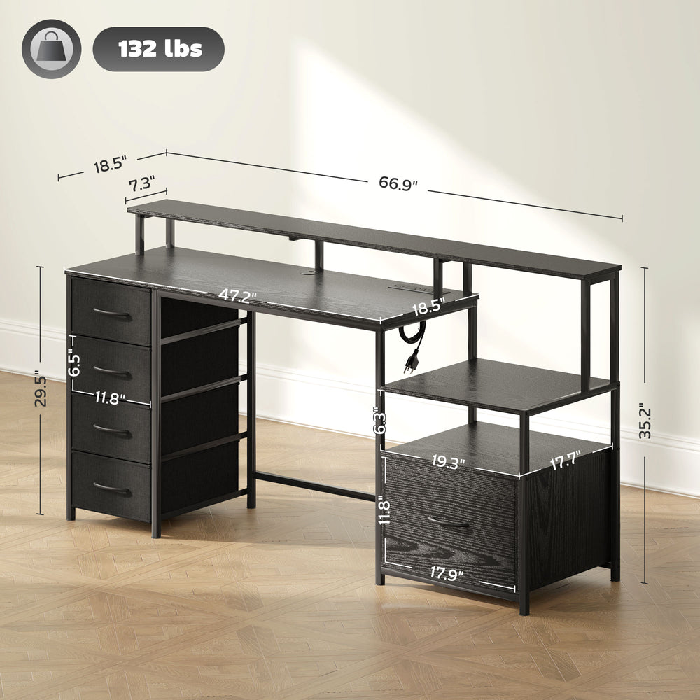 English Elm Computer L Shaped Corner Desk with Rgb Lighting Power Outlets and File Storage T3971P411304