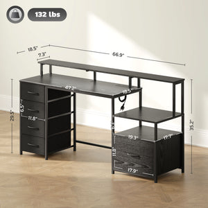 English Elm Computer L Shaped Corner Desk with Rgb Lighting Power Outlets and File Storage T3971P411304