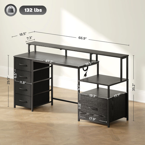 English Elm Computer L Shaped Corner Desk with Rgb Lighting Power Outlets and File Storage T3971P411304