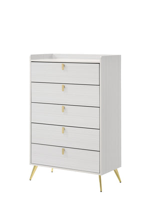 English Elm White Five-Drawer Chest with Metal Legs, Knob Handles, Durable Storage Organizer for Bedroom Elegance B062P209053