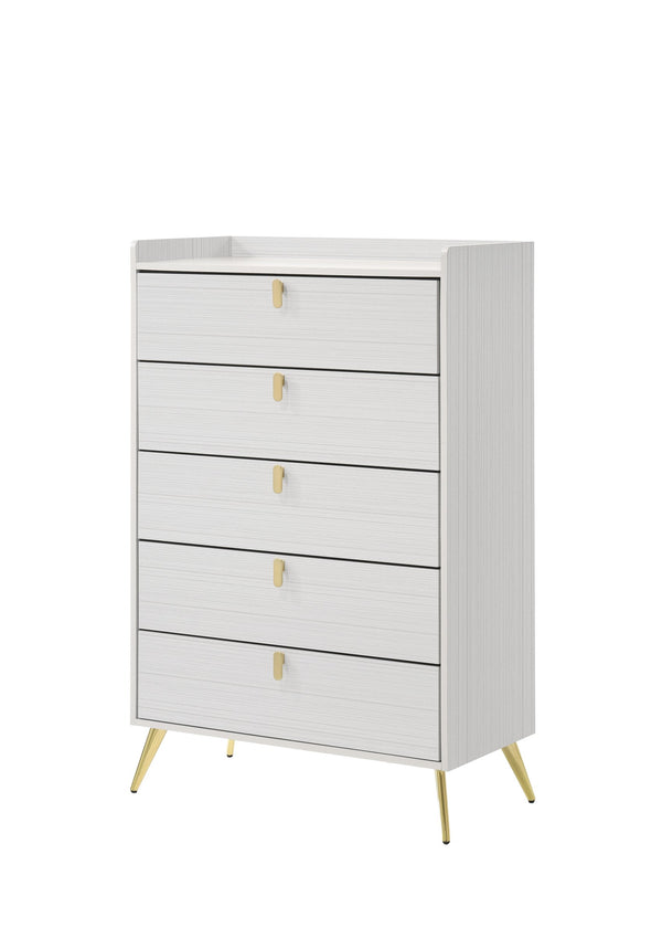 English Elm White Five-Drawer Chest with Metal Legs, Knob Handles, Durable Storage Organizer for Bedroom Elegance B062P209053