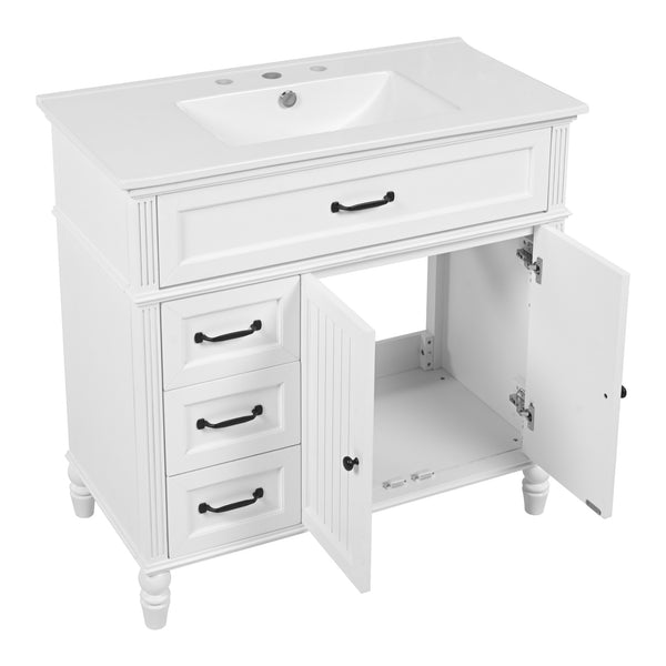 English Elm [video] 36 Inch Freestanding Bathroom Vanity Acacia Wood Legs Ceramic Sink Soft Close White N759S340019K