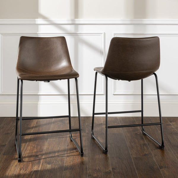 English Elm Walker Edison - Industrial Faux Leather Counter Stools Set of 2 Brown — PU Leather Seats, Industrial Steel Legs, Luxe Comfort B185P169311
