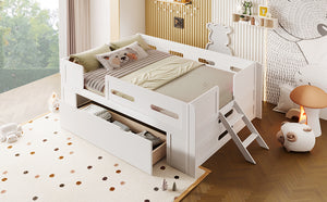 English Elm Wood Twin Platform Bed for Kids with Fence Guardrail and Under Storage Drawer White N709P385777K
