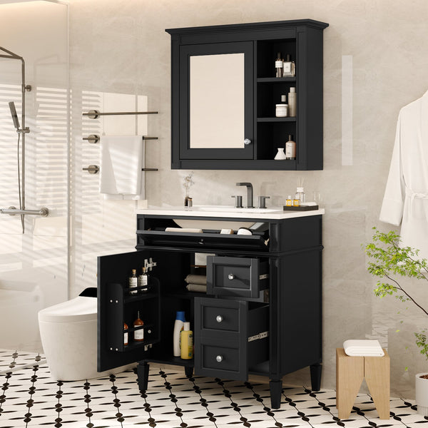 English Elm 30'' Bathroom Vanity Set With Mirror, Modern Freestanding Storage Cabinet & Integrated Sink Design SW000127AAB-1