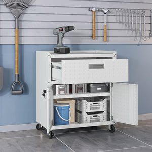 English Elm Rolling Metal Garage Cabinet with Locking Doors Diamond Texture Industrial Storage White B365P398221