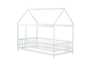 English Elm Twin Size House Floor Bed With Roof Frame & Safety Guardrails - Cozy Wooden Design For Kids' Rooms W504P286403-GIGA