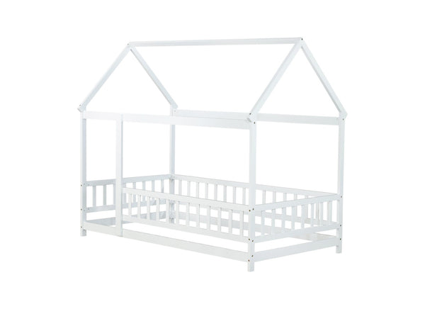 English Elm Twin Size House Floor Bed With Roof Frame & Safety Guardrails - Cozy Wooden Design For Kids' Rooms W504P286403-GIGA