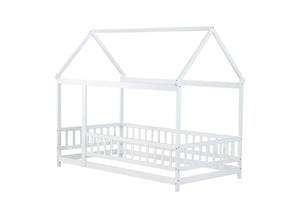 English Elm Twin House Bed Floor Frame Solid Rubberwood Guardrails Playhouse Nook for Kids W504P470124
