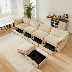 English Elm L-Shaped Modular Sofa With Movable Footstool, Storage Drawers, Crescent Armrests & Chenille Fabric W3041S00180