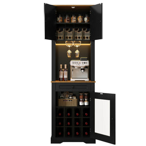 English Elm Bar Cabinet Farmhouse 69 Inch with Rgb Led Barn Door Wine Rack and Charging Station Black N728P438603B