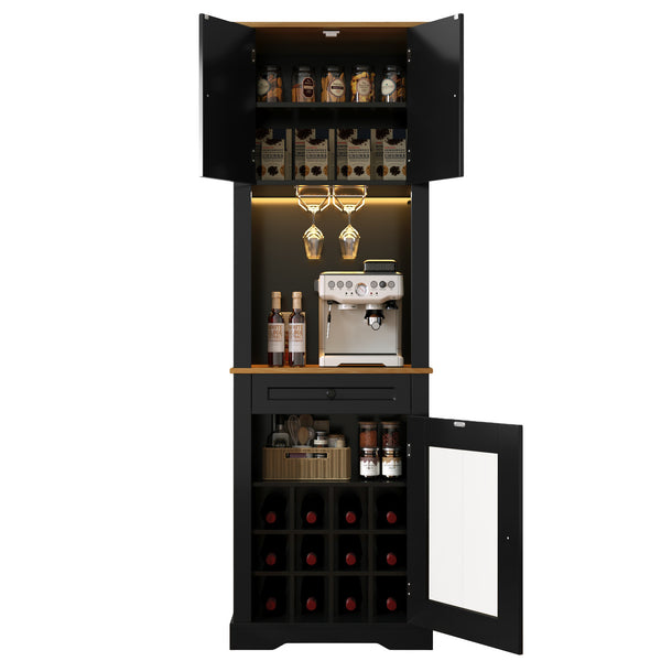 English Elm Bar Cabinet Farmhouse 69 Inch with Rgb Led Barn Door Wine Rack and Charging Station Black N728P438603B