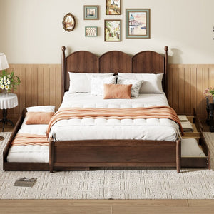 English Elm Queen Size Platform Bed With Twin Xl Trundle & 2 Spacious Drawers - Elegant Walnut Design Upgrade N820S00025D-GIGA