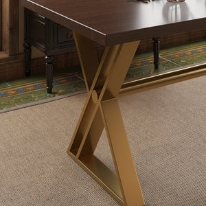 English Elm 70.8 Inch Walnut Top Dining Table with Brushed Gold Steel Base Seats Six T3609S00001
