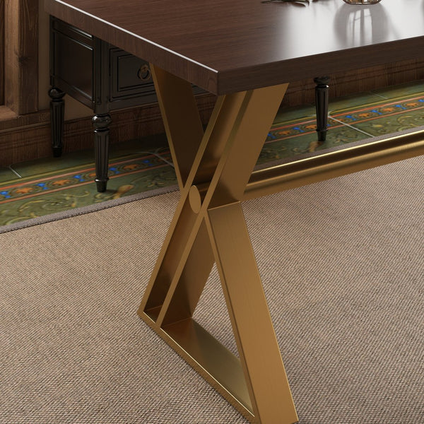 English Elm 70.8 Inch Walnut Top Dining Table with Brushed Gold Steel Base Seats Six T3609S00001