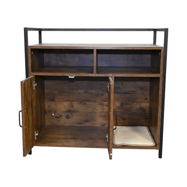 English Elm Rustic Wooden Cat Litter Box Enclosure with Scratching Mat, Rustic Brown Industrial Cat Hideaway 31.9"x17.7"x31.4" W1412P271588