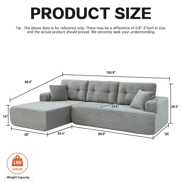 English Elm Right-Facing Chaise modular sectional sofa with plush corduroy, boneless design, converts to bed Light Gray W3565S00005
