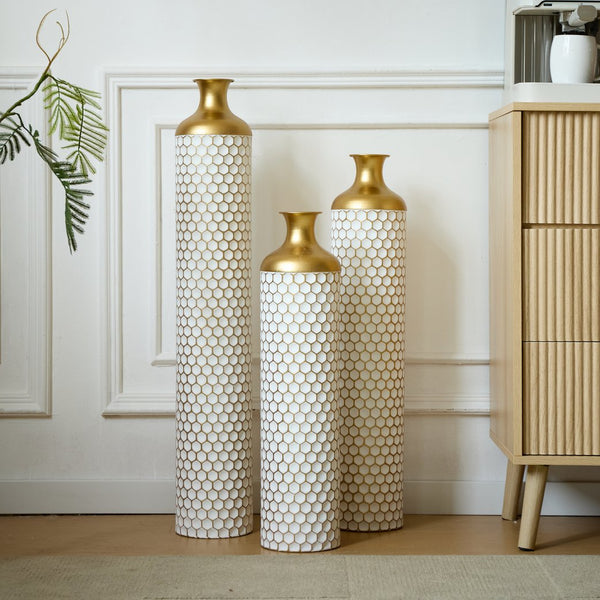 English Elm Floor Elegant 3-Piece Metal Vase Set - Modern Droplet Style In White And Gold For Stunning Decor W2796P290480