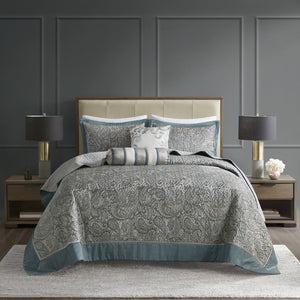 English Elm 5 Piece Jacquard Bedspread Set with Throw Pillows Queen Paisley Pattern Grey-Trimmed Quilted Luxury Teal 18.11 L x 22.83 W x 7.48 H B035P148359
