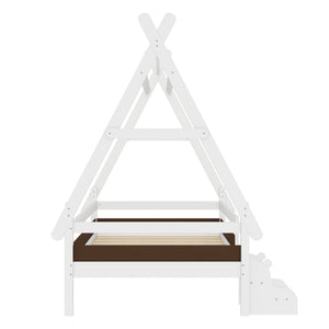 English Elm Twin House Shaped Platform Bed Solid Pine Frame with Built in Stairs for Kids W1580P354718