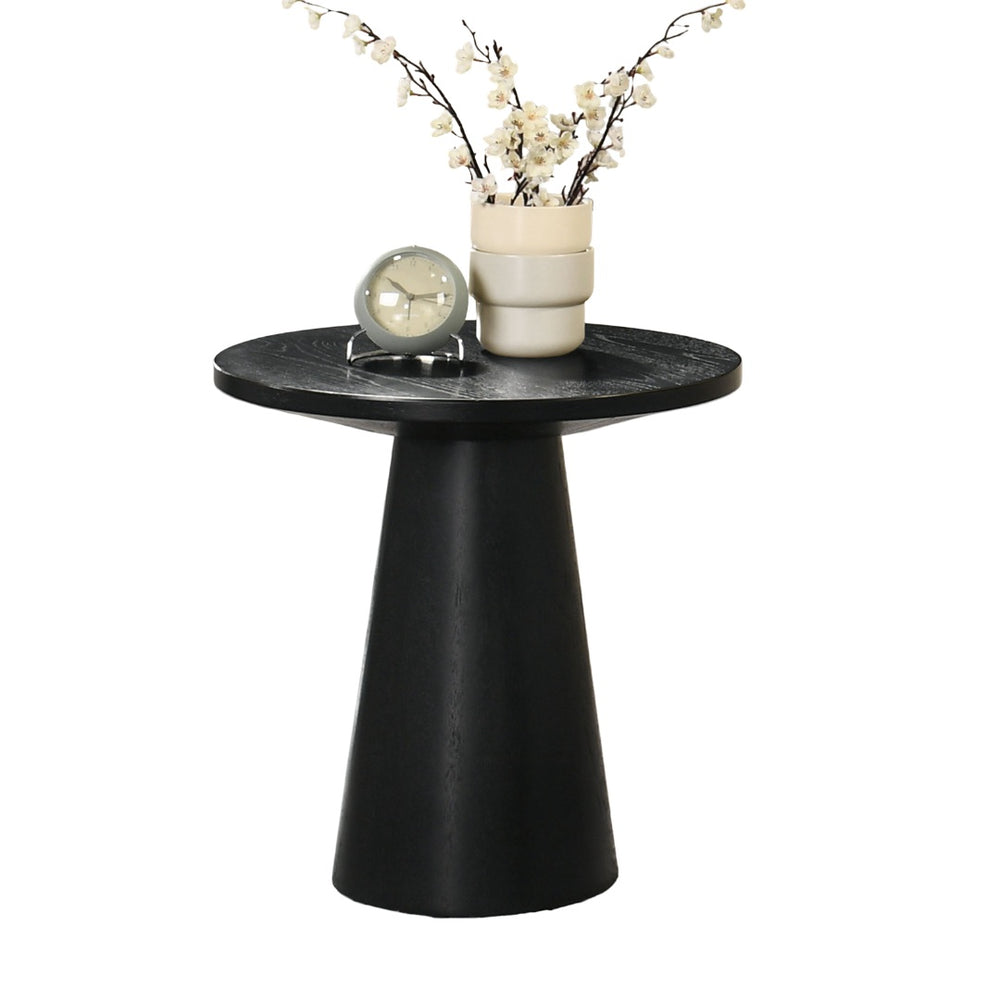 English Elm Unique Cone Base Pedestal End Table Contemporary Round Accent Table Rubberwood & Veneer Durability Black 24 L x 24 W x 4 H B2741S00444