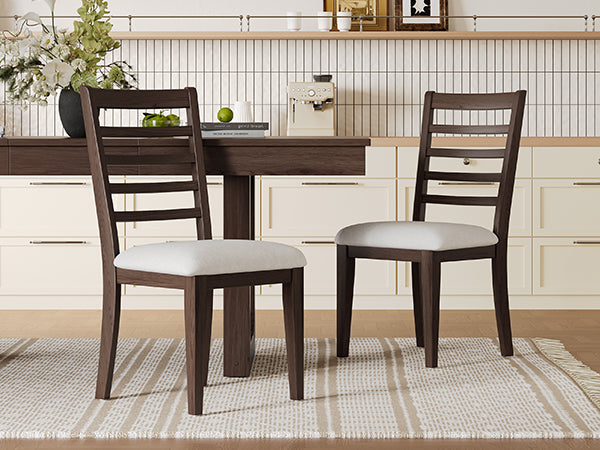 English Elm Farmhouse Ladder Back Dining Chairs Rubberwood Frame Upholstered Seat Set of 2 Brown+Beige N752P272064D