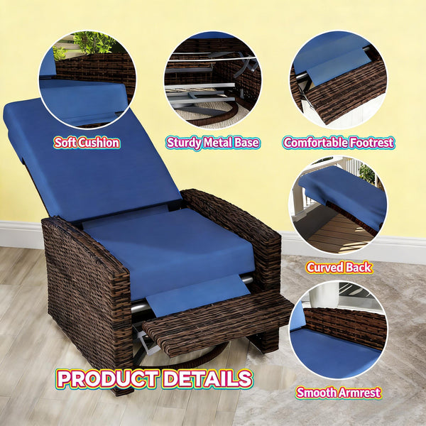 English Elm Swivel Recliner Outdoor Wicker Chair with Footrest Pe Rattan Patio Lounge Seat T3971P444304