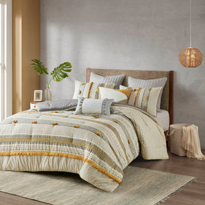 English Elm 3 INK+IVY Cody Cotton Comforter Set Full/Queen with Pom Pom Trim, OEKO-TEX Certified, Striped Style Gray+Yellow 21.65 L x 22.83 W x 9.45 H B035128785