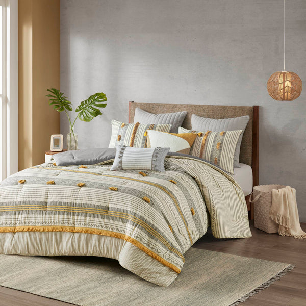 English Elm 3 INK+IVY Cody Cotton Comforter Set Full/Queen with Pom Pom Trim, OEKO-TEX Certified, Striped Style Gray+Yellow 21.65 L x 22.83 W x 9.45 H B035128785