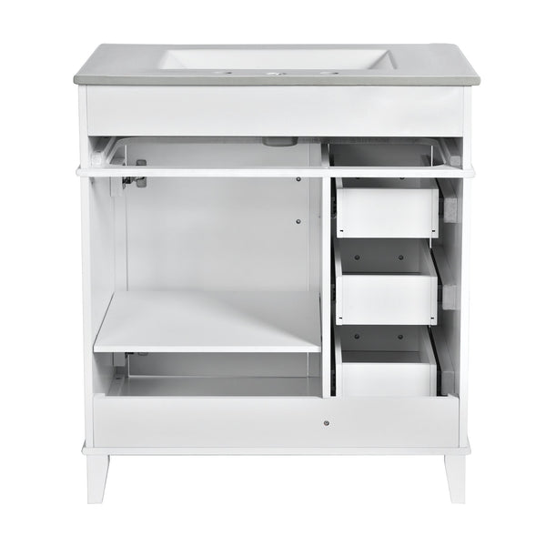 English Elm 30-Inch Bathroom Vanity with Ceramic Sink, Gold Handles, Solid Wood Frame and Soft-Close Drawers White N729P195052K