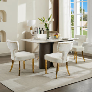 English Elm Mid Mid Century Modern Dining Chair Set with Curved Copper-Nail Backrest, High-Density Foam Seat, Brushed Stainless Legs Beige W1143P314902